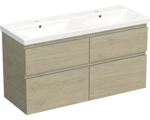 Koupelnová skříňka s umyvadlem Jungborn TRENTA 120 cm dub kendal přírodní Skříňka pod umyvadlo se čtyřmi zásuvkami a dvojitým umyvadlem