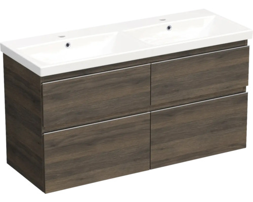 Koupelnová skříňka s umyvadlem Jungborn TRENTA 120 cm dub tabák gladstone Skříňka pod umyvadlo se dvěma umyvadly a čtyřmi zásuvkami