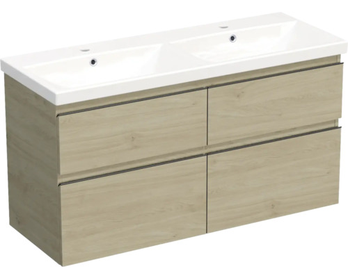 Koupelnová skříňka s umyvadlem Jungborn TRENTA 120 cm dub kendal přírodní Skříňka pod umyvadlo s dvojitým umyvadlem a čtyřmi zásuvkami
