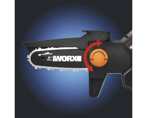 Logo Worx na 12centimetrové akumulátorové řetězové pile s nastavitelnou hlavou