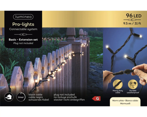 Světelný řetěz s 96 LED diodami, délka 9,5 metru, černý kabel, rozšiřující sada, vhodné pro venkovní použití