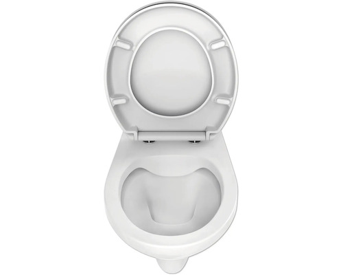 Závěsné WC s otevřeným splachovacím okrajem a WC sedátkem shora