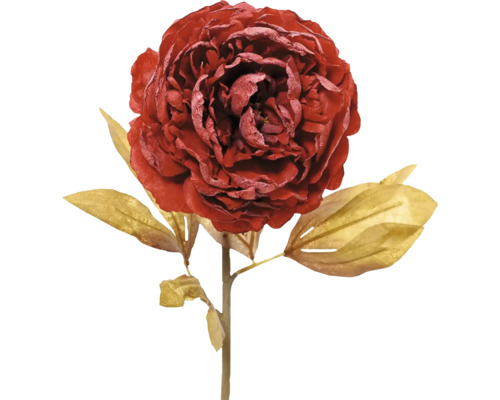 Umělá květina pivoňka 75 cm červená Dekorativní červená umělá růže se zlatými listy.