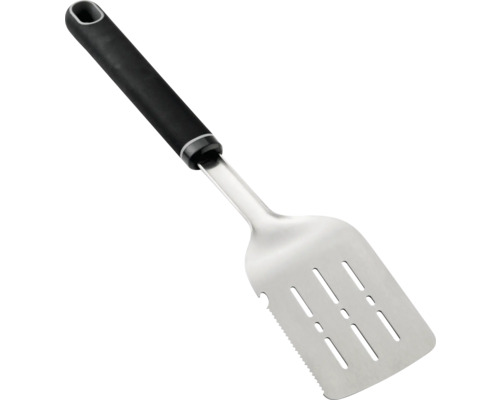 Obracečka na grilování z nerezové oceli s otvory a černou rukojetí