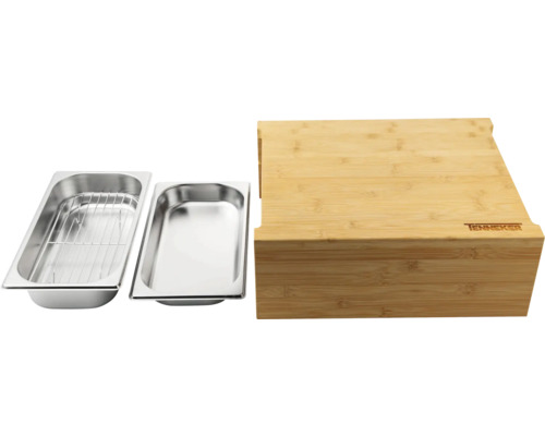 Nerezová nádoba s grilovací mřížkou a bambusovou deskou na krájení