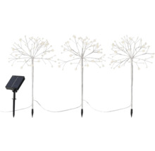 Tři solární lampy ve tvaru koulí s LED světly a solárním panelem.