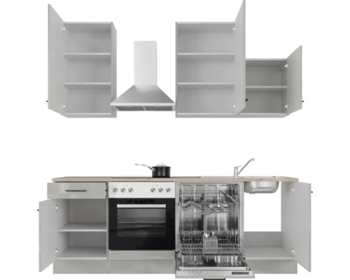 Moderní kuchyně s vestavěnými skříněmi, digestoří, sporákem, myčkou a dřezem