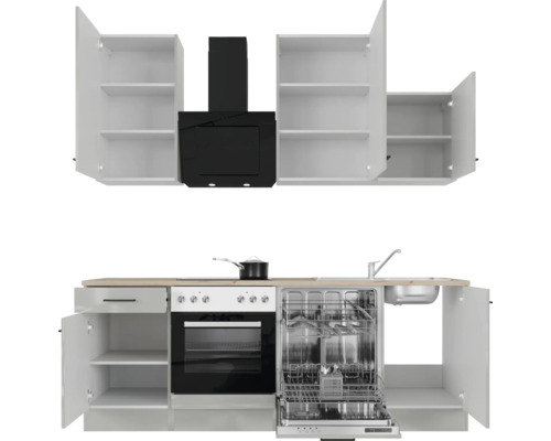 Kuchyňská linka se závěsnými skříňkami, digestoří, sporákem, myčkou a dřezem