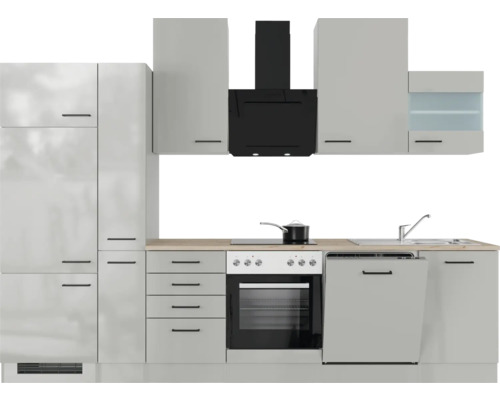 Moderní kuchyňská linka s kuchyňskými skříňkami, digestoří, sporákem a myčkou nádobí