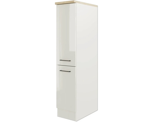 Bílá vysoká skříň se dvěma dvířky a úchyty