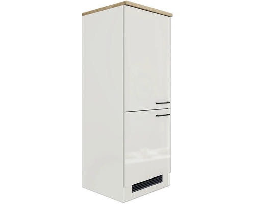 Vysoká bílá kuchyňská skříňka s dřevěnou deskou