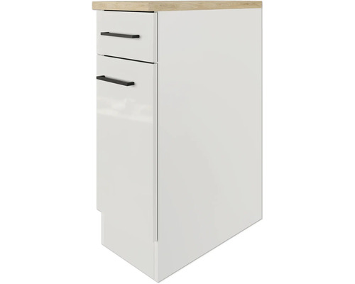 Bílá spodní skříňka se dvěma zásuvkami a dřevěnou deskou