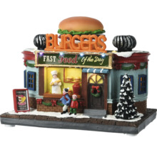 Dekorativní stánek s rychlým občerstvením s hamburgerem na střeše, figurkami a vánočním stromkem