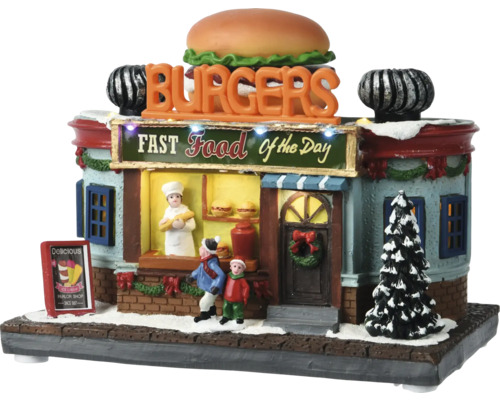 LED stánek s občerstvením Christmas villages 12 x 19,5 x 16 cm 14 LED micro Dekorativní stánek s rychlým občerstvením s hamburgerem na střeše, figurkami a vánočním stromkem