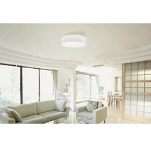 Světlý obývací pokoj se stropním svítidlem, pohovkou a křeslem