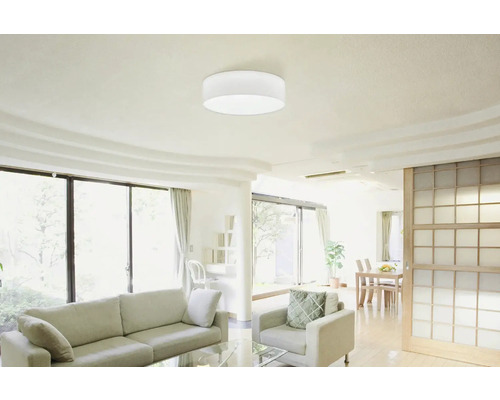 Světlý obývací pokoj se stropním svítidlem, pohovkou a křeslem