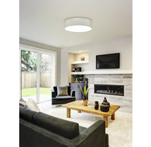 Obývací pokoj se stropním svítidlem, pohovkou, křeslem a krbem