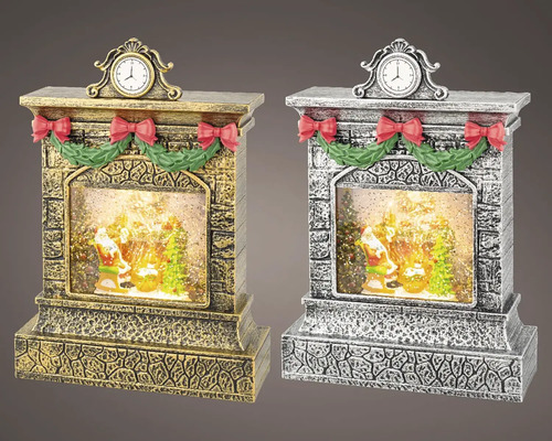 LED sněžítko, různé barvy Dva dekorativní krby s hodinami, girlandou, mašlemi a sněhovou koulí