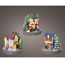 Tři vánoční miniaturní domky s LED osvětlením a figurkami