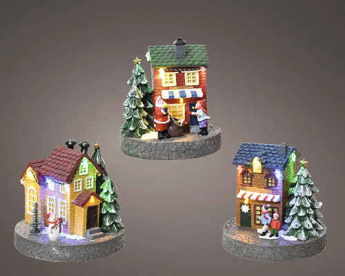 Tři vánoční miniaturní domky s LED osvětlením a figurkami