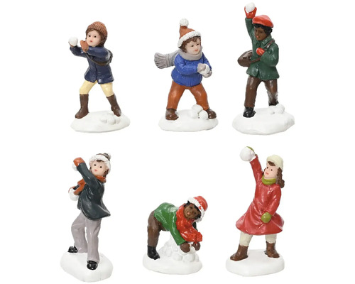 Figurky polyresinové k Christmas villages 2 x 3,5 x 5,5 cm 6 ks Šest figurek sněhové bitvy na sněhu