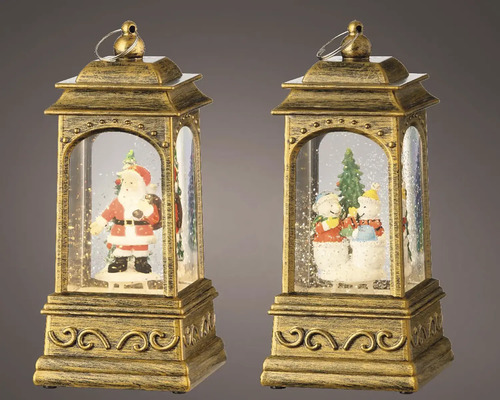 LED lucerna Dvě dekorativní sněhové koule s vánočními figurkami