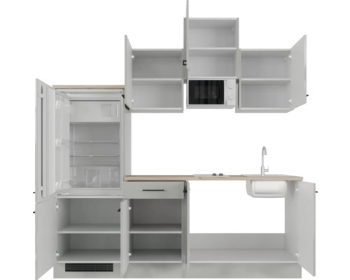 Kuchyňská linka s dřezem, lednicí a mikrovlnnou troubou