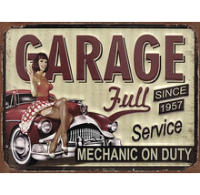 Kovová cedule ve vintage stylu s potiskem Garage Full Service Mechanic on Duty