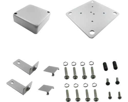 Montážní příslušenství pro kopulovou kameru, skládající se z připojovací krabice, montážní desky, úhelníků, krytek, šroubů a podložek.