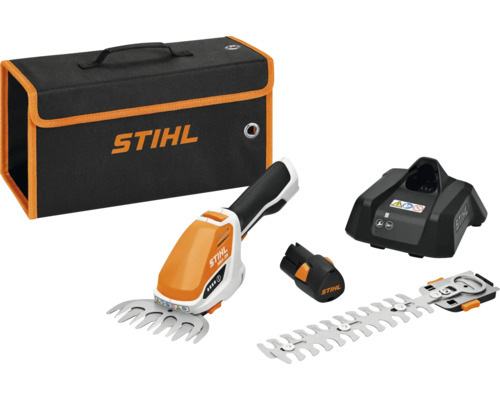 Sada akumulátorových nůžek na trávu STIHL s brašnou, nabíječkou a akumulátorem