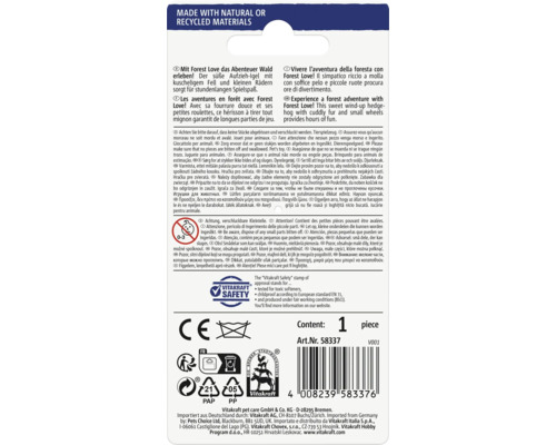 Zadní strana obalu natahovací hračky ježka Forest Love s informacemi o produktu a logy