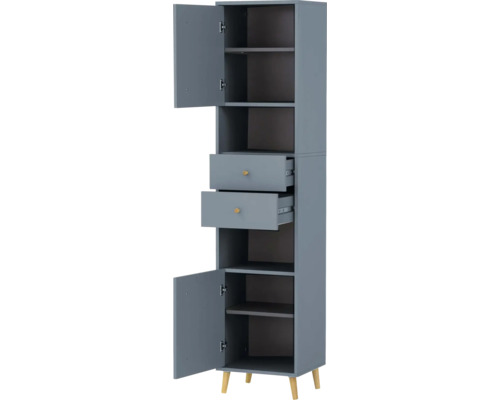 Vysoká skříň se dvěma zásuvkami, dvěma dvířky a policemi