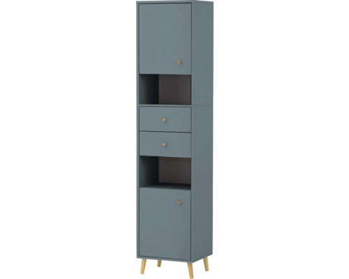 Úzká vysoká skříňka s dvířky, zásuvkami a otevřenými policemi