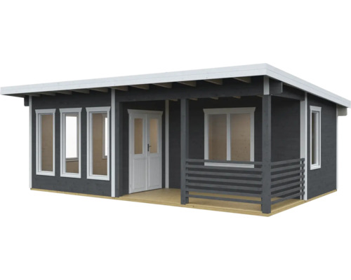 Šedý zahradní domek s verandou, okny a dvoukřídlými dveřmi
