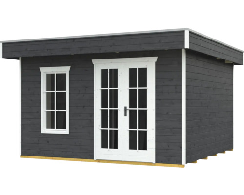 Dřevěný zahradní domek s dvoukřídlými dveřmi a oknem