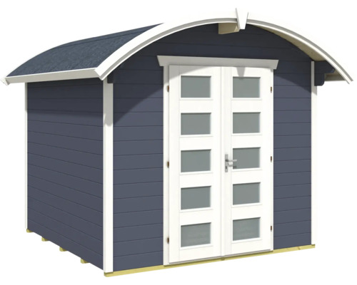 Zahradní domek s dvoukřídlými dveřmi a zaoblenou střechou