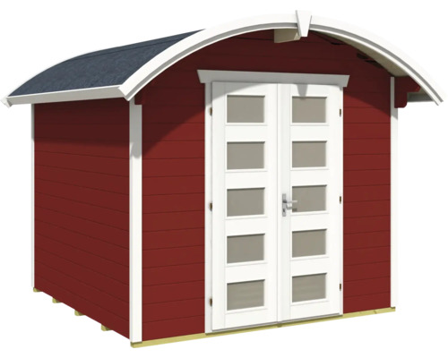 Červený zahradní domek s dvoukřídlými dveřmi a zaoblenou střechou