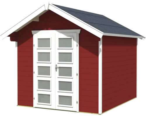 Malý zahradní domek s dvoukřídlými dveřmi a sedlovou střechou