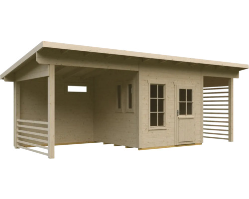 Dřevěný zahradní domek s verandou a okny