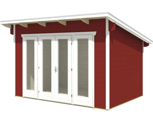 Zahradní domek s dvoukřídlými dveřmi a sedlovou střechou