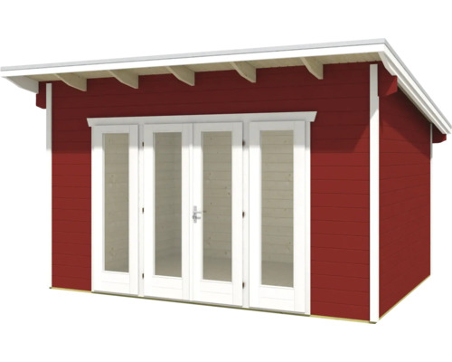 Zahradní domek s dvoukřídlými dveřmi a sedlovou střechou