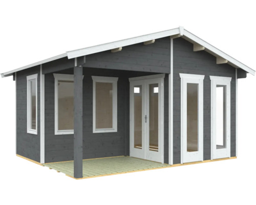 Dřevěný zahradní domek s okny a dvoukřídlými dveřmi