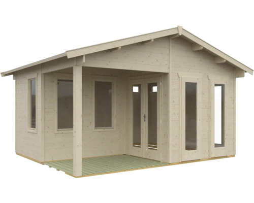Dřevěný zahradní domek s krytou verandou a okny