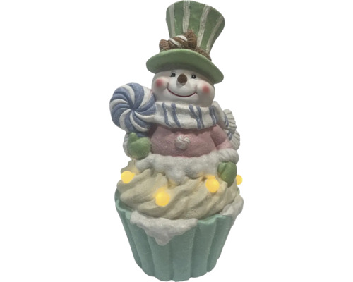 Figurka sněhuláka na podstavci ve tvaru cupcaku s LED osvětlením