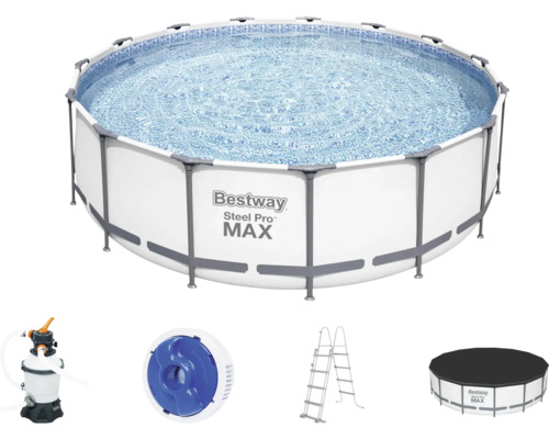 Nadzemní bazén rámový Bestway Steel Pro MAX™ Ø 457x122 cm s pískovou filtrací, schůdky a zakrývací plachtou světle šedý