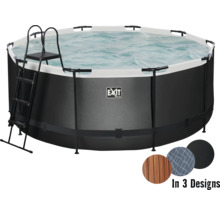 Kulatý nadzemní bazén s žebříkem a třemi různými designy.