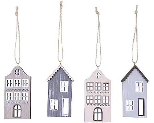 Čtyři dřevěné závěsné ozdoby ve tvaru domů se šňůrkou