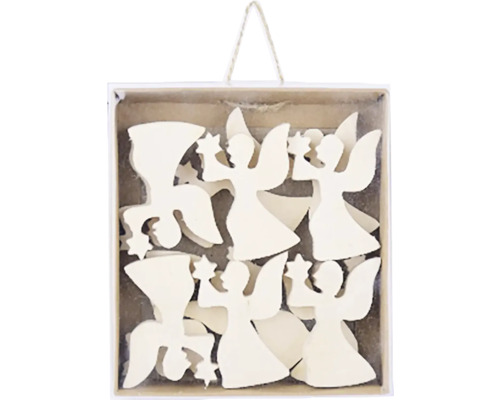 Vánoční přízdoba dřevěný anděl s hvězdou 3,5 x 5,5 x 1 cm box 12 ks krémová Dekorativní dřevěný přívěsek s motivem anděla v sadě