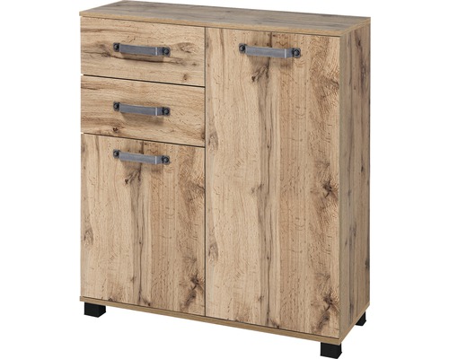 Midi skříňka do koupelny Möbelpartner Milan 800 dub přírodní 80,6 x 94,8 x 32 cm Komoda se třemi zásuvkami a jedněmi dvířky v dřevěném dekoru
