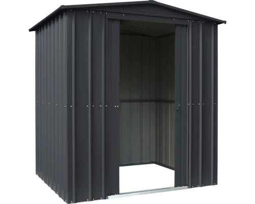 Kovová kůlna na nářadí s otevřenými dveřmi